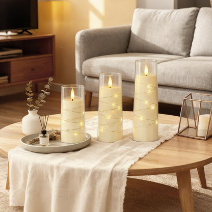 Raycare Flameless Candle with Remote Timer – 9 Flickering Acrylic Battery Operated LED Pillar Candles with Embedded Star String for Christmas, Wedding, Home Decor, and as a Gift (Ivory White)