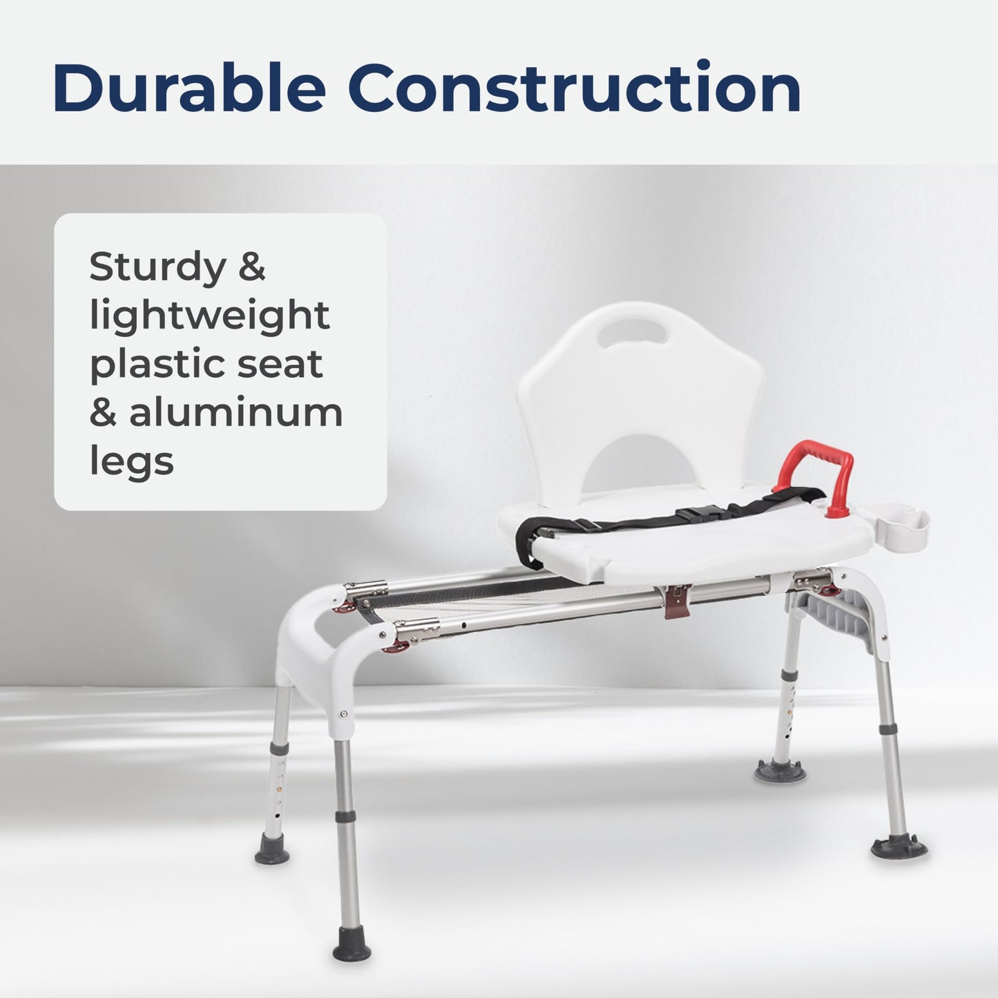 Drive Medical RTL12075 Adjustable Height Sliding Bathtub Transfer Bench Shower Chair with Armrests and Seatbelt, 300 Pound Weight Capacity, White