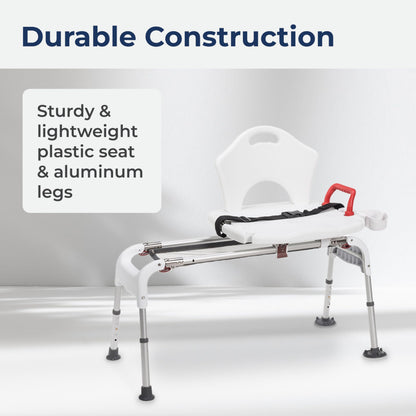 Drive Medical RTL12075 Adjustable Height Sliding Bathtub Transfer Bench Shower Chair with Armrests and Seatbelt, 300 Pound Weight Capacity, White