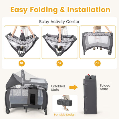 INFANS 4 in 1 Pack and Play, Portable Travel Baby Playard with Bassinet, Changing Table, Canopy, Mosquito Net, Hanging Toys, Music Box, Storage Bag, Large Playpen from Newborn to Toddlers (Grey)