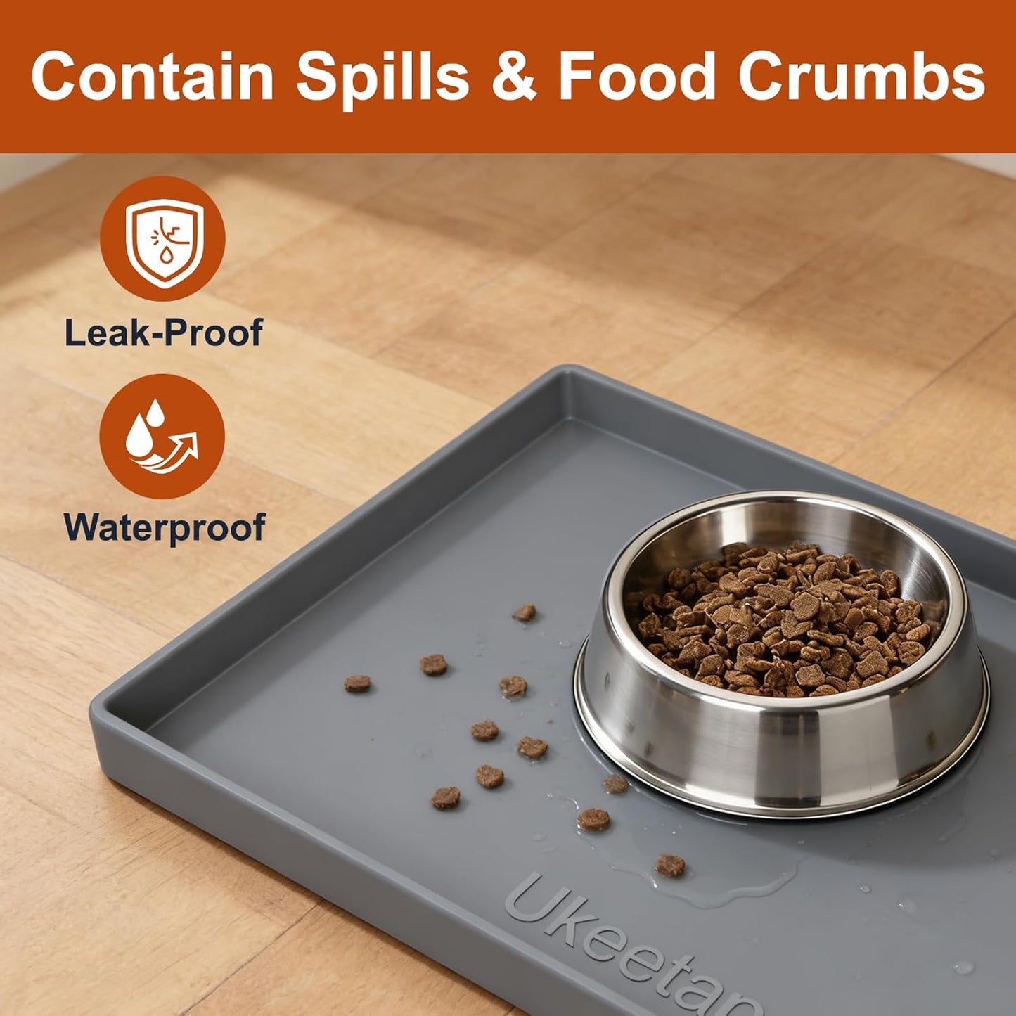 Ukeetap Extra Thick Silicone Dog & Cat Food Mat - Waterproof, Non-Slip, 19” x 12”, Gray