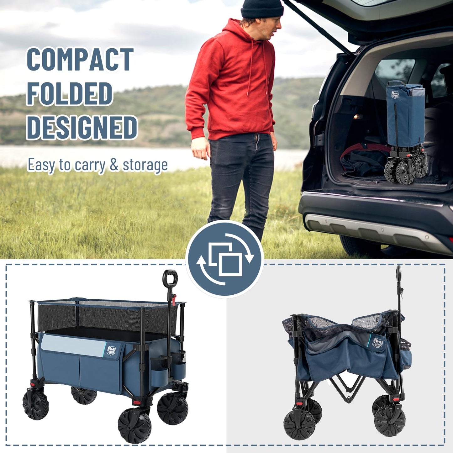 Timber Ridge Foldable Wagon 350L Extendable Height, Large Capasity Collapsible Wagon Cart with All Terrians Detachable Wheels, Compact Folding Utility Wagon for Camping, Fishing, Shopping Navy