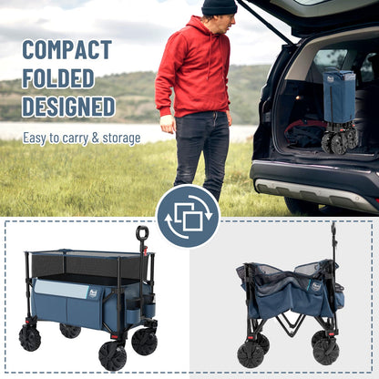 Timber Ridge Foldable Wagon 350L Extendable Height, Large Capasity Collapsible Wagon Cart with All Terrians Detachable Wheels, Compact Folding Utility Wagon for Camping, Fishing, Shopping Navy