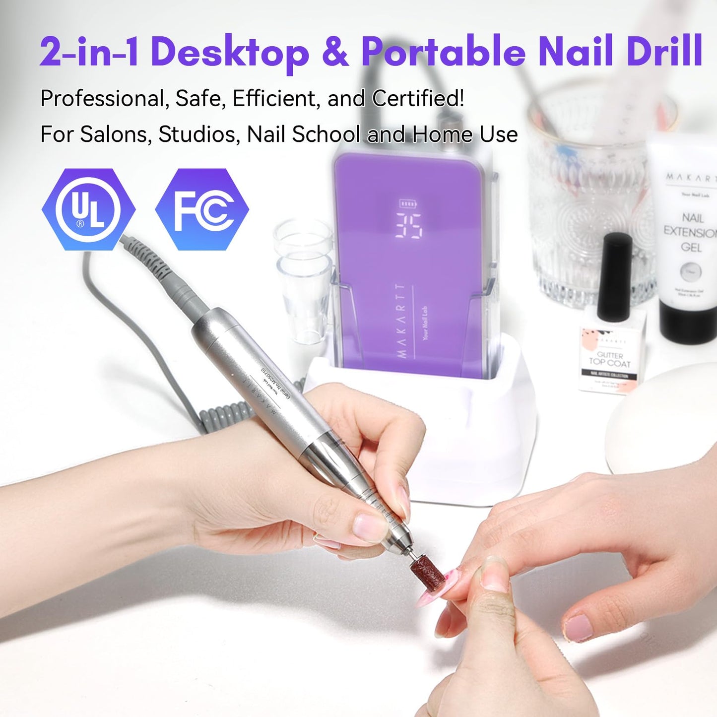 Makartt Nail Drill Professional: 60W 35000RPM Electric Nail File with Coreless Motor, 2 in 1 Desktop & Portable, Drill Bits and LCD Display for Acrylic Gel Nails, Nouvella Pink