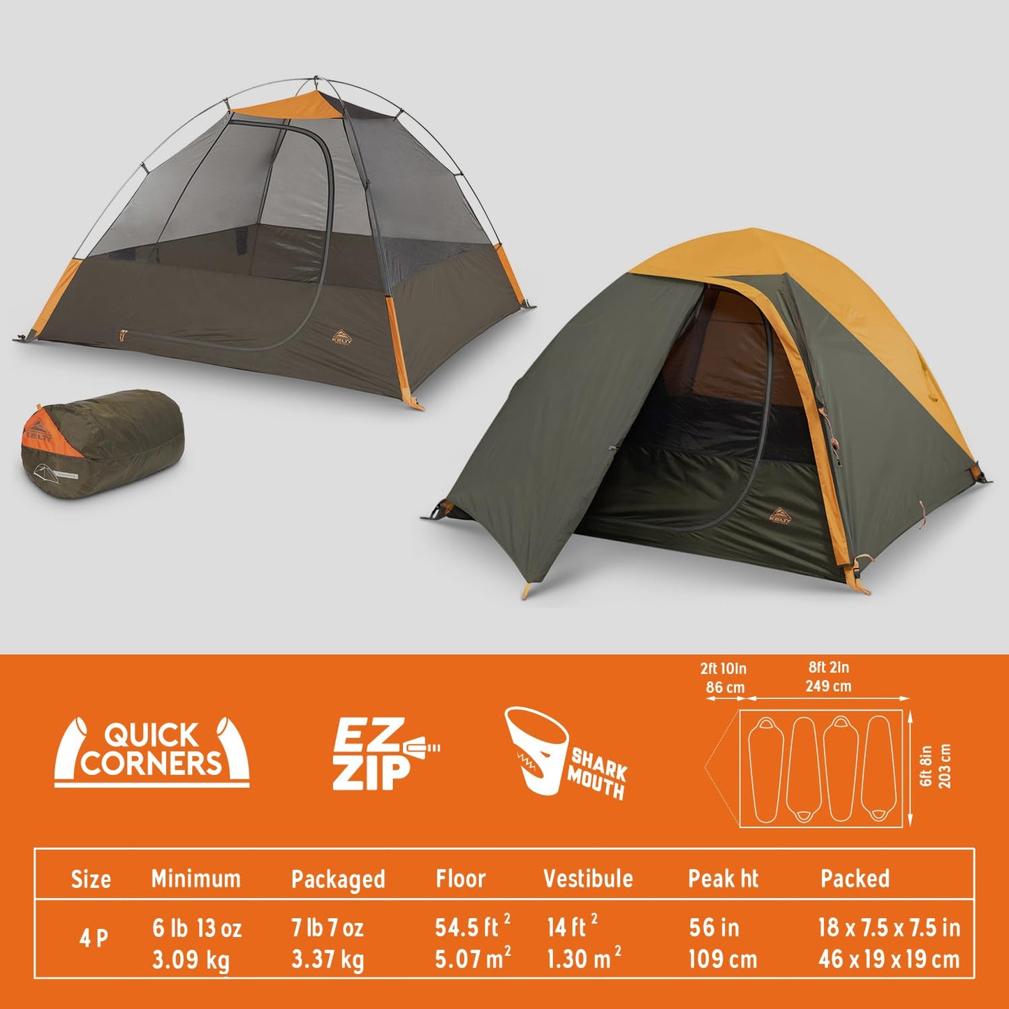 Kelty Grand Mesa 4P Backpacking Tent – 3 Season 2 Man Camping Thru Hiking Shelter, Aluminum Poles, Single Door + Vestibule (4P)
