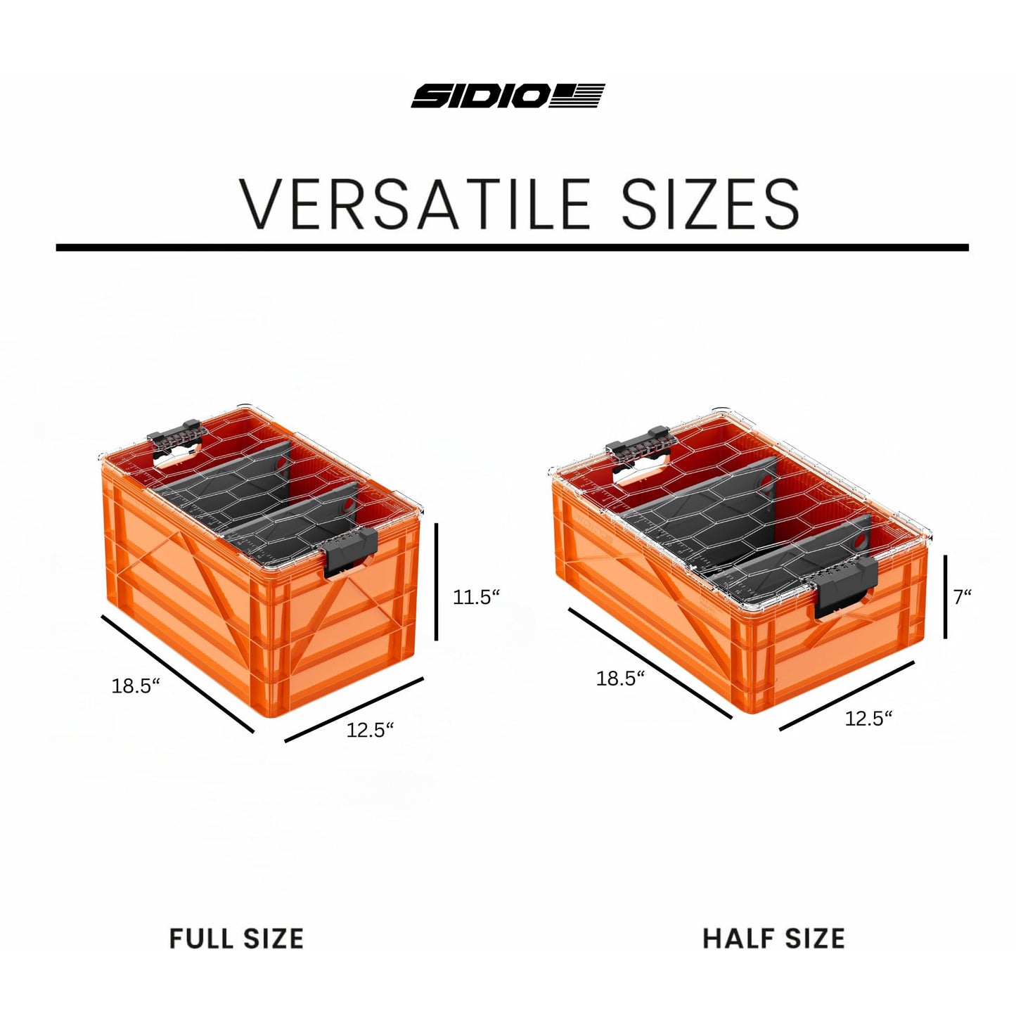 SIDIO CRATE Starter Pack - Two Full Size and One Half Size SidioCrate, Stackable Outdoor Organizer Storage Bins with Clear Lid and Dividers - Orange