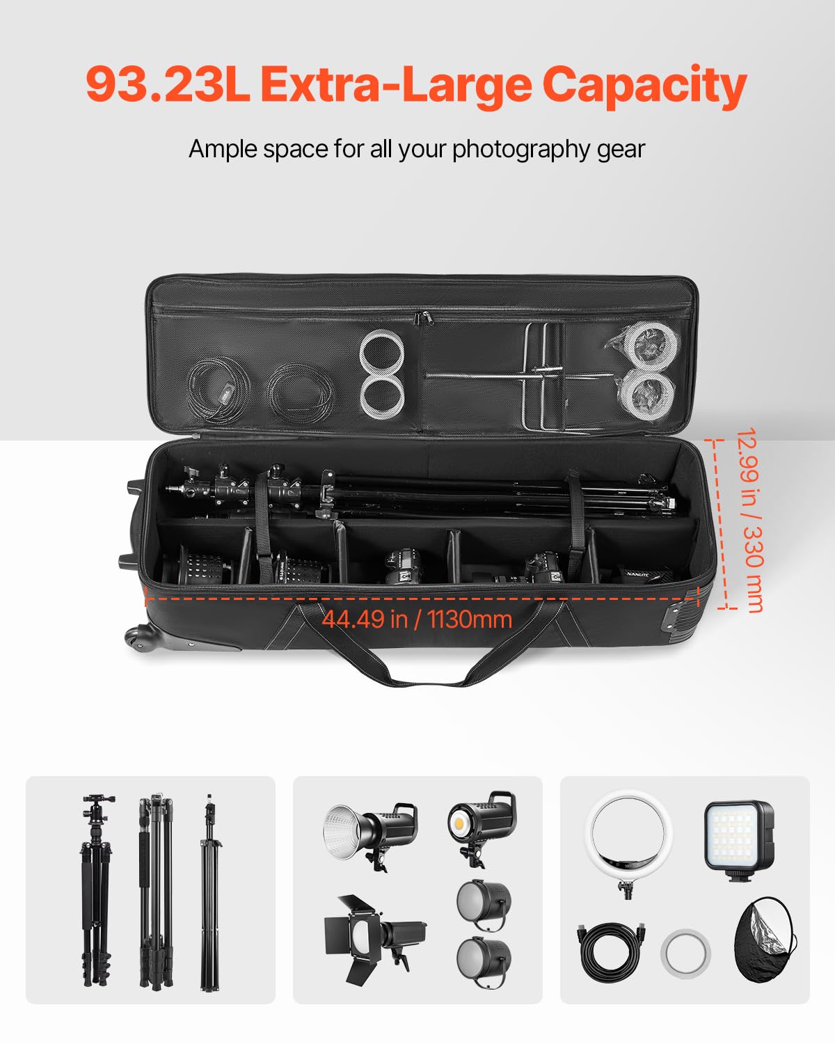 VEVOR Studio Equipment Trolley Case, 46.46 x 14.57 x 11.81 in / 118 x 37 x 30 cm, Rolling Camera Bag, Carrying Bag with Wheels Straps Padded Compartment Handle, for Light Stands, Tripods, Telescopes