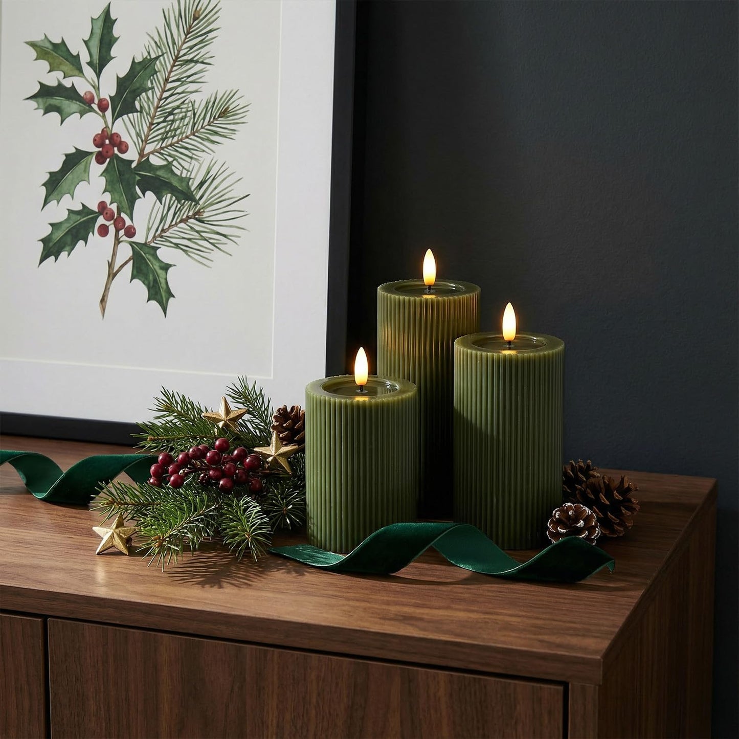 WYZworks Ribbed Fluted Real Wax Flameless LED Pillar Candles, Loden Sage Olive Green, Melted-Wax Top Look, Flickering Flame, Battery Operated, Remote & Timer, Shelf & Wedding Decor (Set of 3)