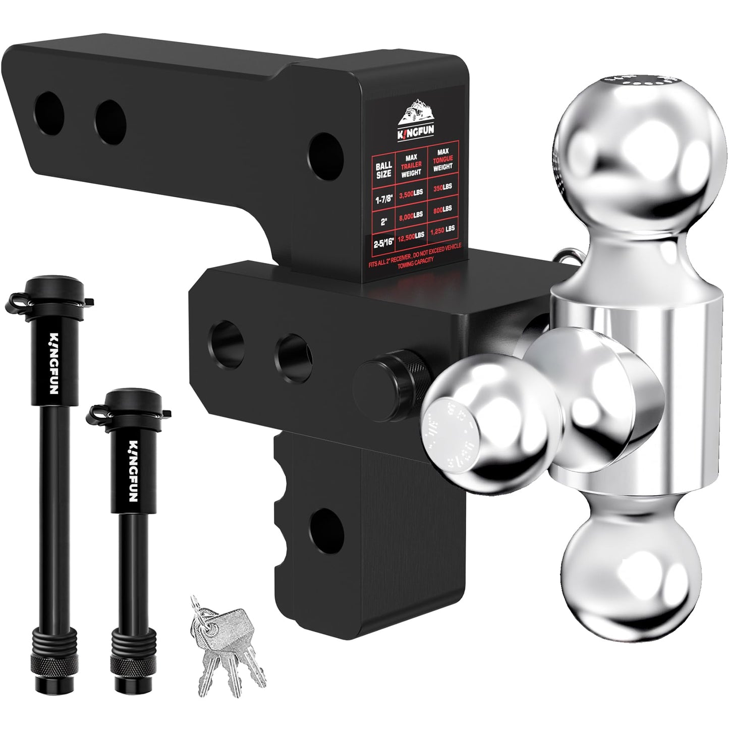 Kingfun Adjustable Trailer Hitch - Drop Hitch Fits 2 Inch Receiver, Tri Ball (1-7/8", 2", 2-5/16") 6 Inch Drop/Rise, 12500 LBS GTW Aluminum Heavy Duty Tow Hitch with Anti-Theft Pin - (Black)