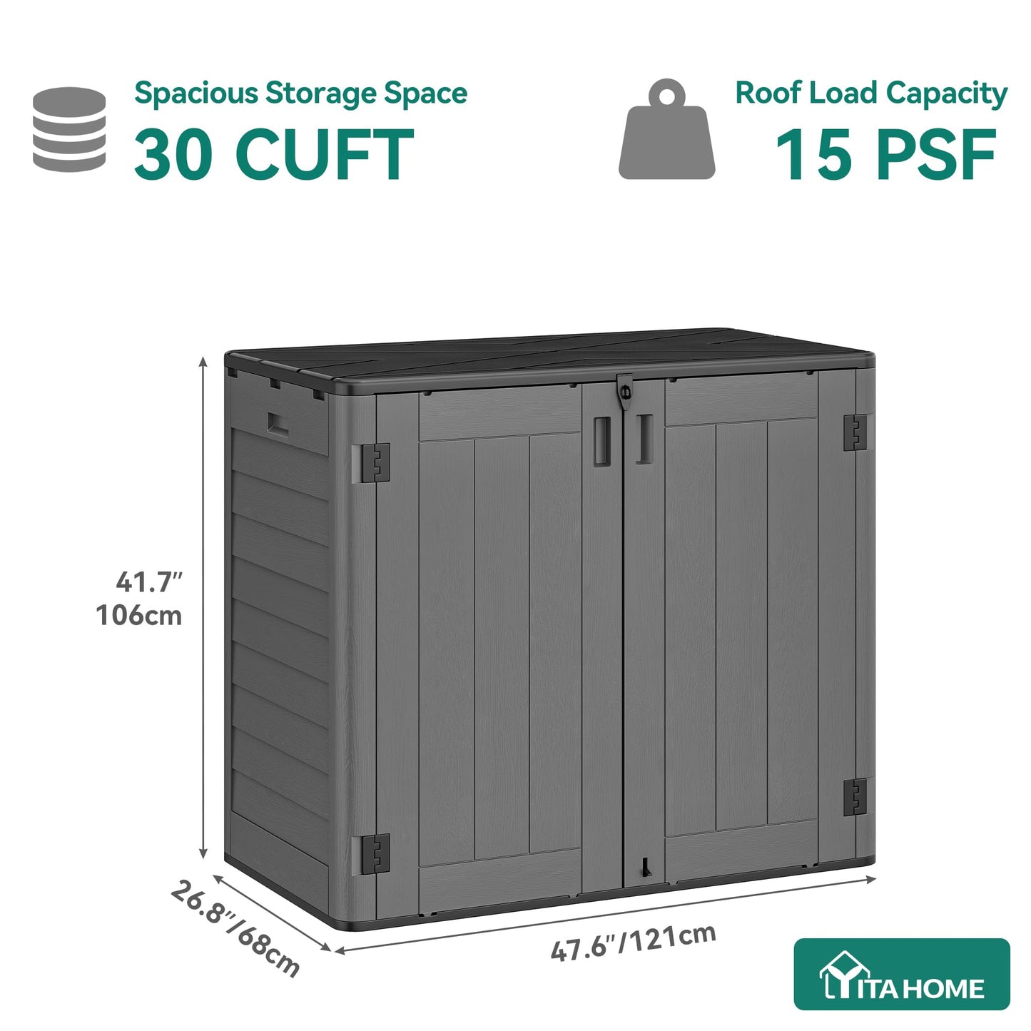 YITAHOME Outdoor Storage Shed w/o Shelf, 30 cu ft Horizontal Storage Shed Outdoor, Resin Waterproof Storage Cabinet for Garage, Poolside, Bikes, and Garden (Dark Gray + Black)
