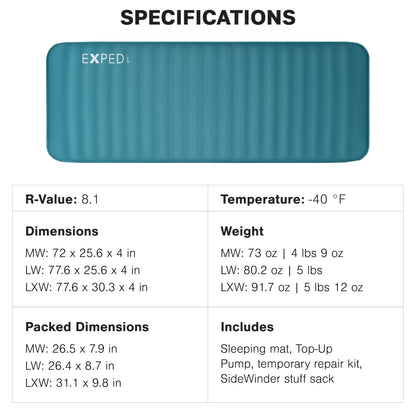 Exped MegaMat Medium Wide - Self Inflating Soft Car Sleeping Mat, 4” Foam Pad, Pump Included
