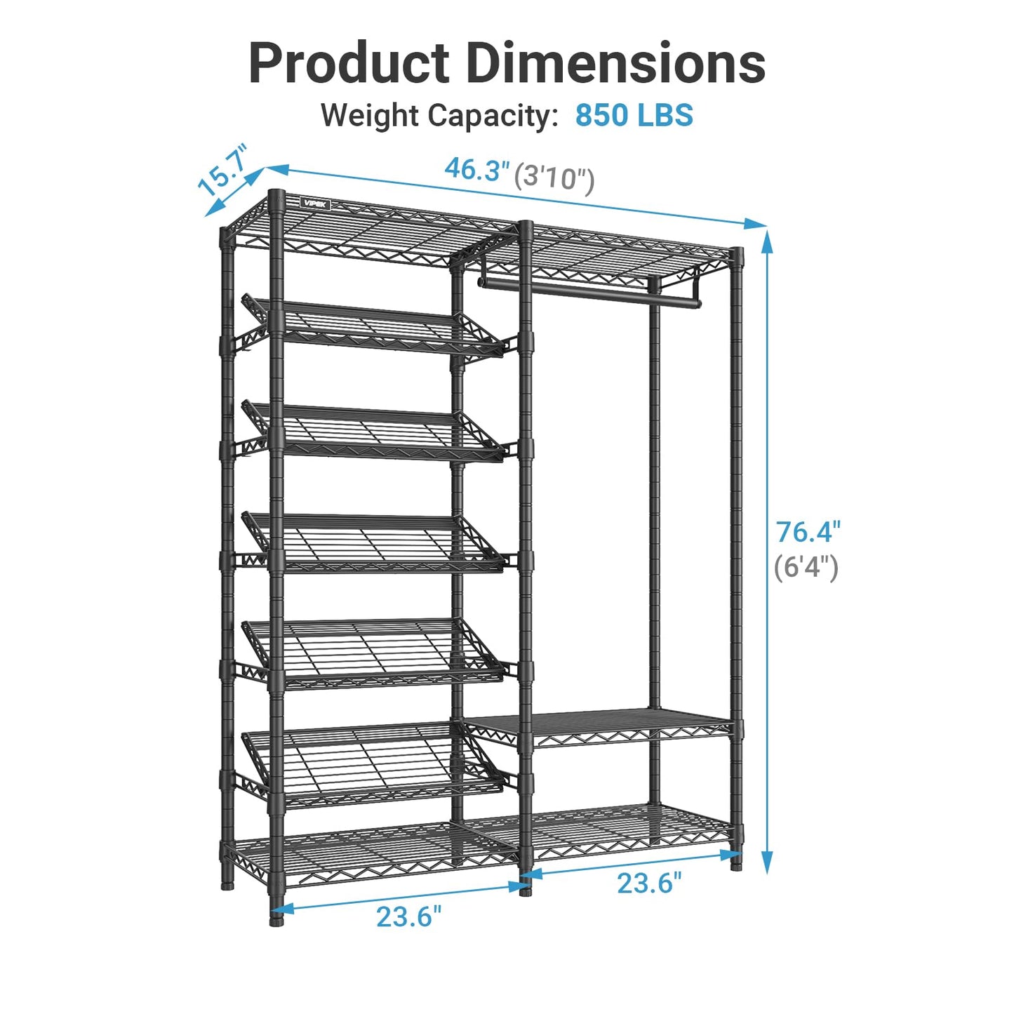 VIPEK S20 Clothes Rack with Heavy Duty Shoe Shelves (25° tilt angle), 850lbs Freestanding Metal Clothing Rack with 10-Tiers Shelves, Adjustable and Removable, Space Saving Closet Organizer, Black