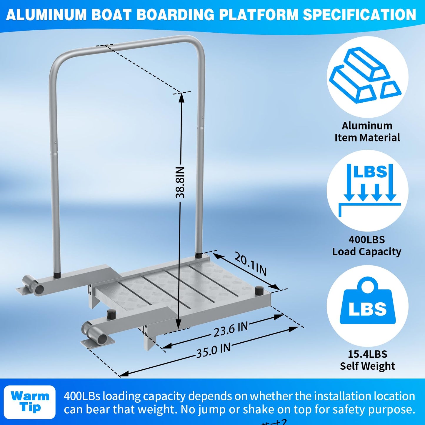 THOOUM Aluminum Boat Board Platform with Detachable Handrail to Get on & Off, Rust Resistant Boarding Platform for Dock/Deck/Boat Lifts (38.8" H, 400LBS Capacity)