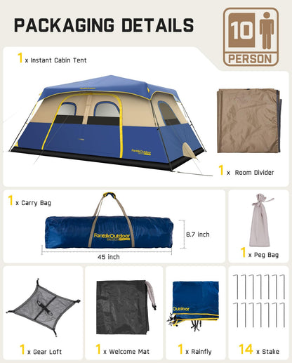 FanttikOutdoor Zeta C10 Pro Camping Tent 10 Person Instant Cabin Tent Setup in 60 Seconds with Rainfly & Windproof Portable with Carry Bag for Family Camping & Hiking, Upgraded Ventilation, Navy Blue