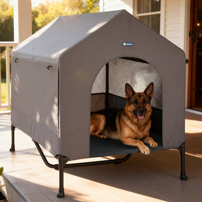 Veehoo 47" Dog House, 2-in-1 X-Large Dog House Outdoor Indoor Weatherproof, Outside Elevated Dog Cot Bed Dog Tent Shade, Three-Sided Breathable Mesh Windows and Sunshades, CWC2435CP