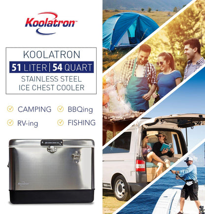 Koolatron Ice Chest Cooler - Portable Ice Bucket with Bottle Opener, Vintage Style, Insulated for Camping, Beach, Picnic, RV, BBQs, Tailgating, Fishing, Stainless Steel 85 Can Ice Box, 51L (54 qt)