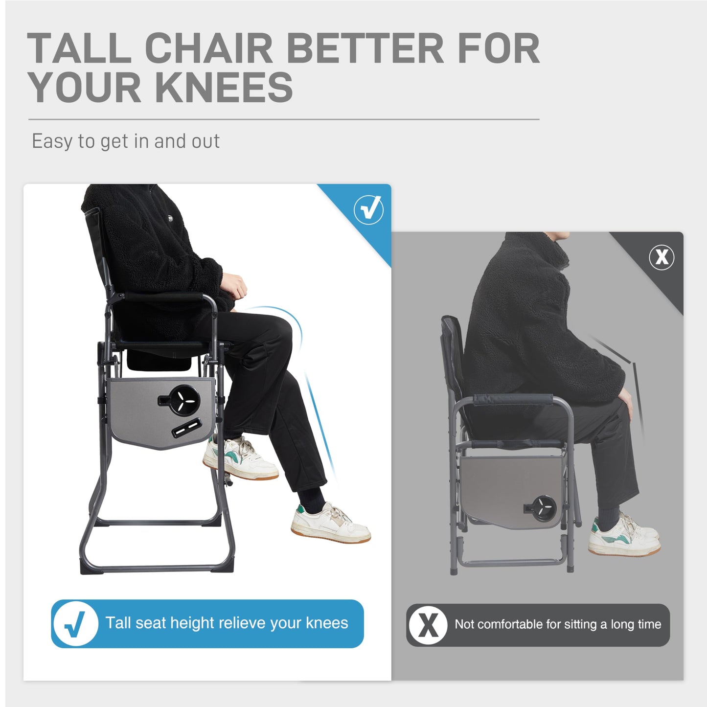 EVER ADVANCED Portable 30.7" Seat Height Tall Folding Camping Chair Directors Chair High Foldable Bar Stool with Side Table for Makeup Artist, Sports Event, Craft Show, Supports 350LBS