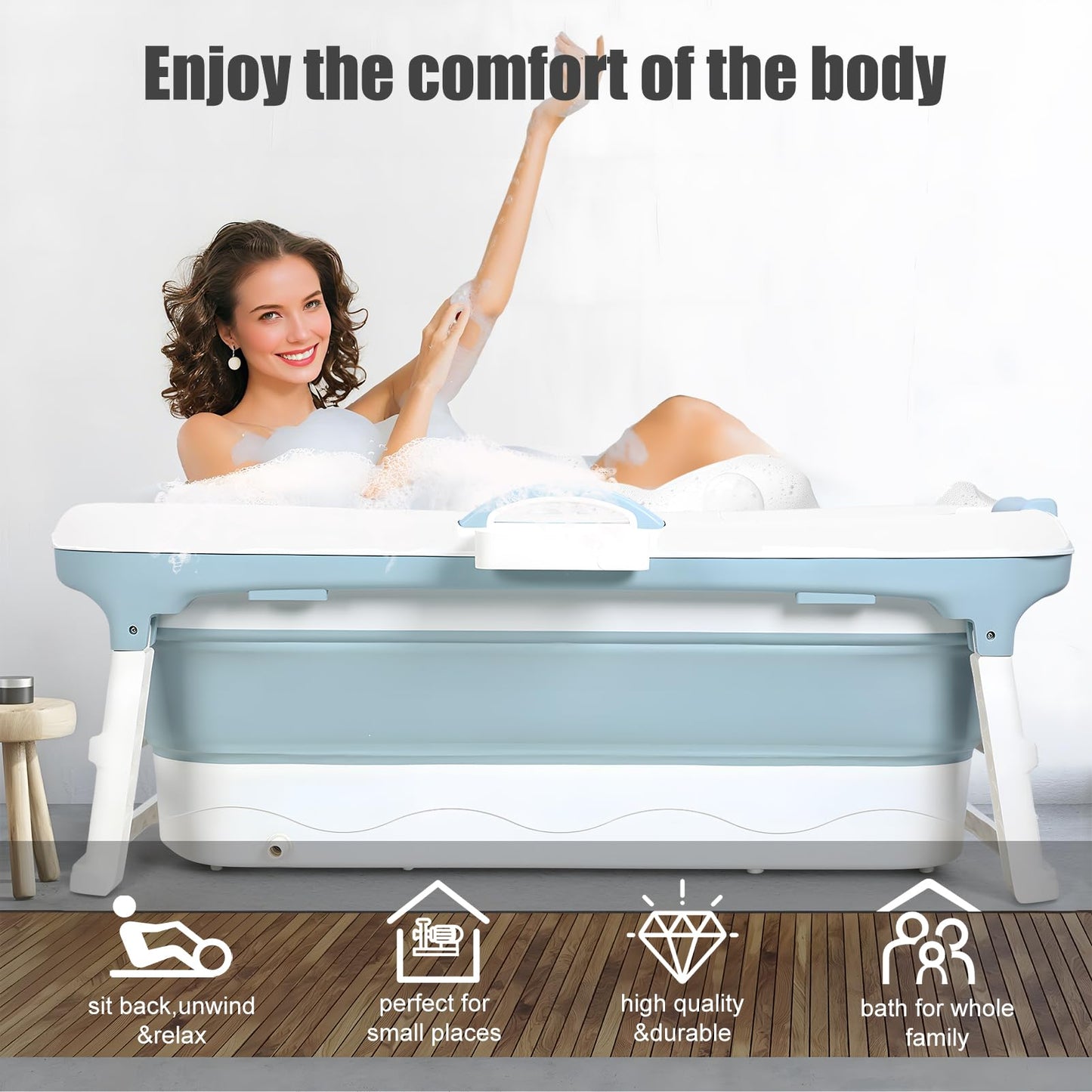 Fukursul 50" Large Folding Bathtub for Adults – Portable PP Tub with Back Cushion, Storage Basket & Thermal Cover, for Hot Bath or Ice Plunge (Blue-5, 50in)