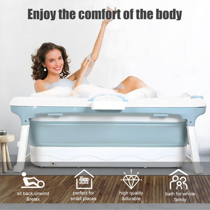 Fukursul 50" Large Folding Bathtub for Adults – Portable PP Tub with Back Cushion, Storage Basket & Thermal Cover, for Hot Bath or Ice Plunge (Blue-5, 50in)