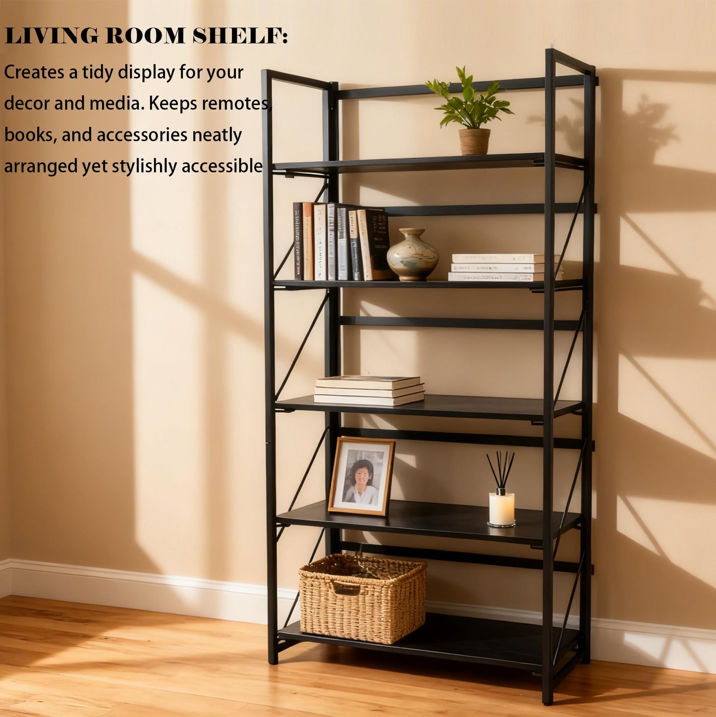 Kogven Folding Bookshelf, 2-in-1 Convertible Design, Multifunctional Plant Stand Storage Rack Shelves for Home Office, Easy Assembly, 5-Tier, Black