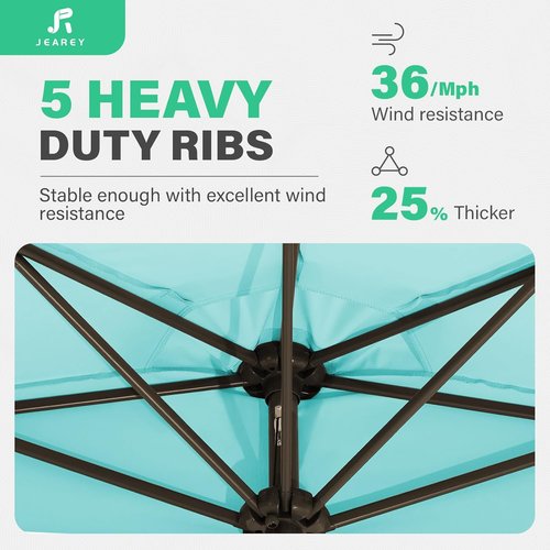JEAREY 9ft Half Patio Umbrella - Crank-Operated Market Umbrella with UV Protection | Teal Blue
