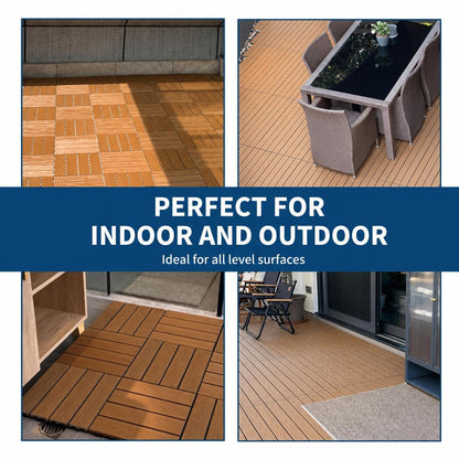 Waterproof Interlocking Composite Deck Tiles 12"X12" – Wood-Look Outdoor & Indoor Tiles for Patio, Balcony, Deck, Poolside & Wall Décor – All-Weather Snap-Together Flooring, Teak, 27 Pcs