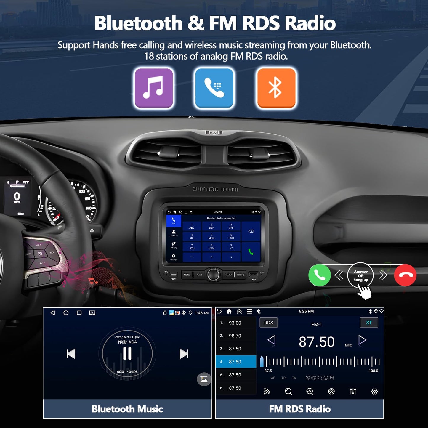 CAMECHO 4+64G Car Radio Stereo for Jeep Renegade 2015-2020 / Jeep Compass 2017-2020 (for Small Display), 7" IPS Touch Screen Head Unit with Android 15 CarPlay Android Auto GPS Bluetooth Type-C