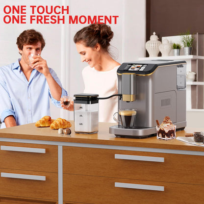 PioneerWorks Full Automatic Espresso Machine with Built-In Grinder & Milk Frother - FTF Touchscreen Coffee Maker for Latte/Cappuccino, 20 Bar Pressur & 1.5L Water Tank, 1350W, Gold
