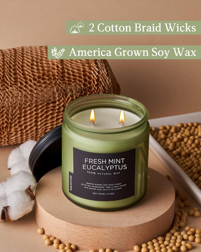 M&SENSE Eucalyptus & Mint Home Scented Candles, 11.6oz Organic Non Toxic Soy Candle, 70-Hour Long Burning, Aromatherapy Gifts for Stress Relief Relaxation Meditation, Natural Smelling for Men Women