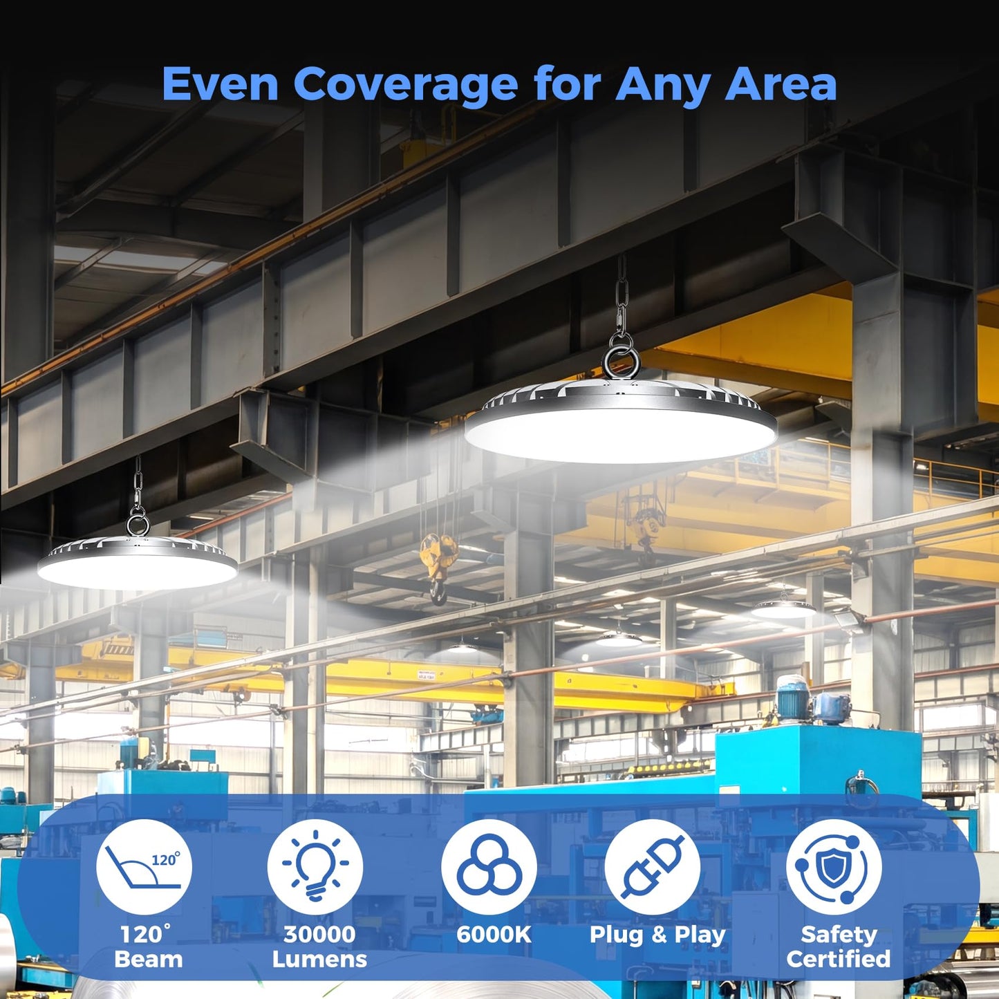 AIKVSXER 6 Pack 200W UFO LED High Bay Light, 30000LM 6000K Daylight LED Shop Lights, IP65 Waterproof Commercial Bay Lighting with Plug for Warehouse Garage Lights Workshop Gym Factory