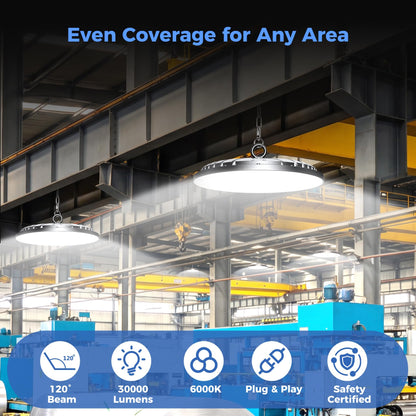AIKVSXER 6 Pack 200W UFO LED High Bay Light, 30000LM 6000K Daylight LED Shop Lights, IP65 Waterproof Commercial Bay Lighting with Plug for Warehouse Garage Lights Workshop Gym Factory