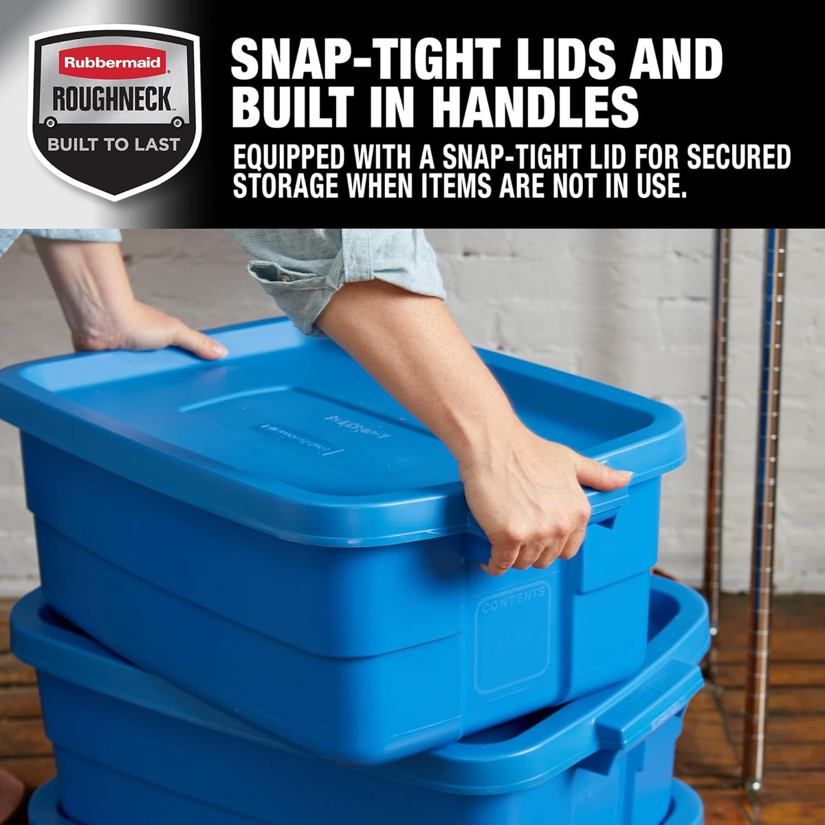 Rubbermaid Roughneck Tote - 10 Gallon Stackable Storage Bins | Rugged Plastic, Heritage Blue, 6 Pack