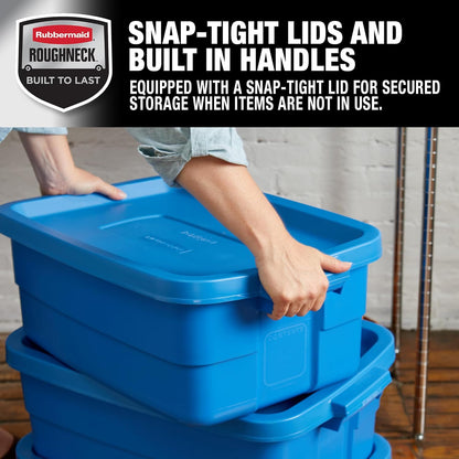 Rubbermaid Roughneck Tote - 10 Gallon Stackable Storage Bins | Rugged Plastic, Heritage Blue, 6 Pack
