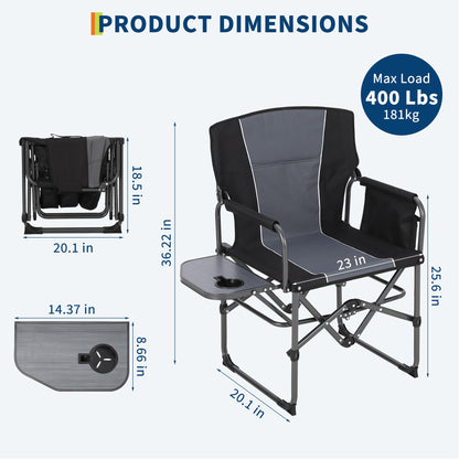 GarveeLife 2 Pack Oversized Directors Camping Chair, Portable Folding Chair for Adults Support 400 lbs, Heavy Duty Lawn Chair with Side Table, for Camping, Sports, Picnic, Beach, Fishing, Black