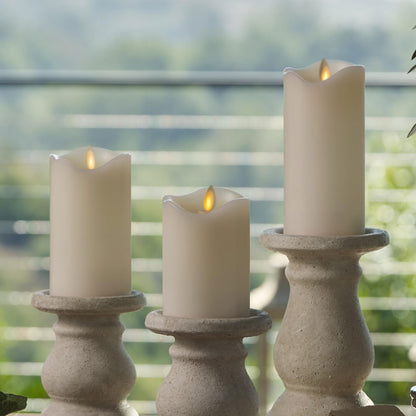 Matchless Candle Co. by Luminara Set of 3 Flameless LED Flickering Moving Flame Pillars (3" x 4.5", 5.5", 6.5"), Melted Unscented Real Wax Edge w/ Smooth Finish, AA Battery Operated, Pearl Ivory