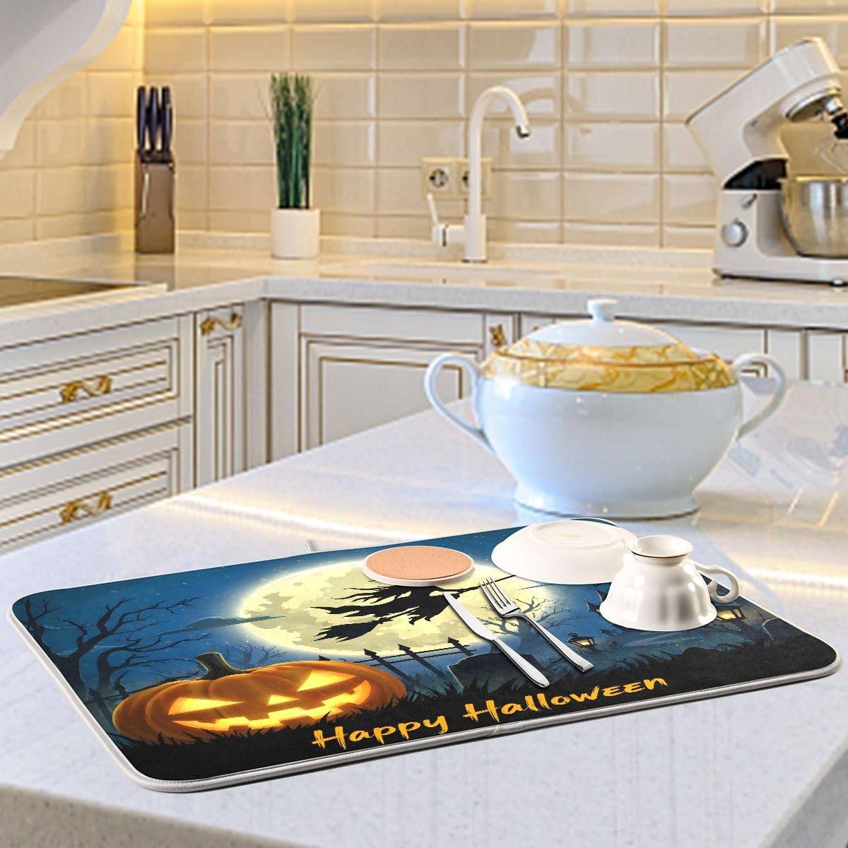 Bolaz Halloween Night Witch Bat Dish Drying Mat, Extra Large, 18" x 24", Black, Rectangular