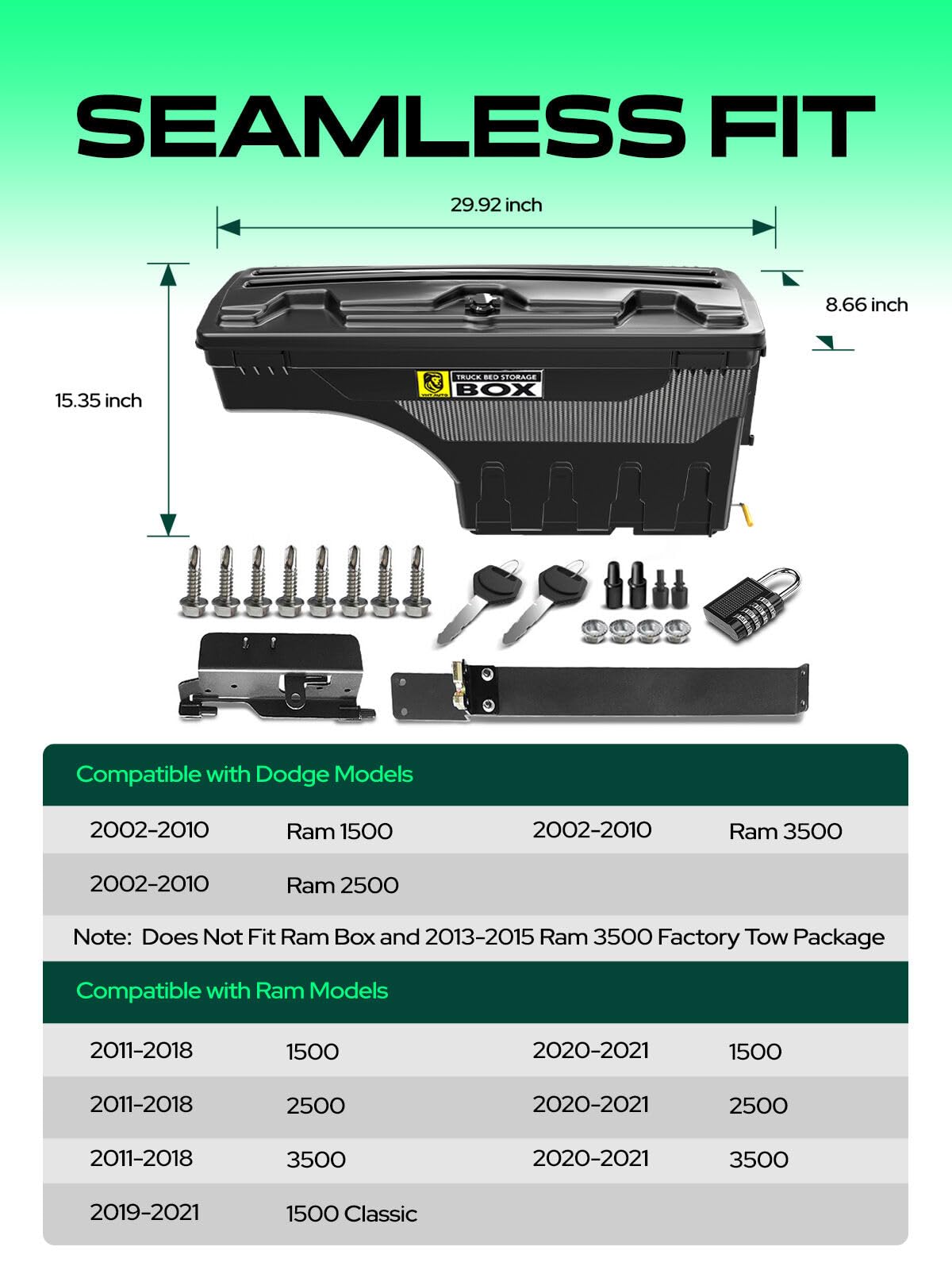 YHTAUTO Truck Bed Storage Tool Box Lockable Fits 2002-2018, 2020-2021 Dodge Ram 1500 2500 3500, 2019-2021 Ram 1500 Classic, Passenger Side, Not Fit Ram Box, Swing Waterproof Wheel Well Toolbox