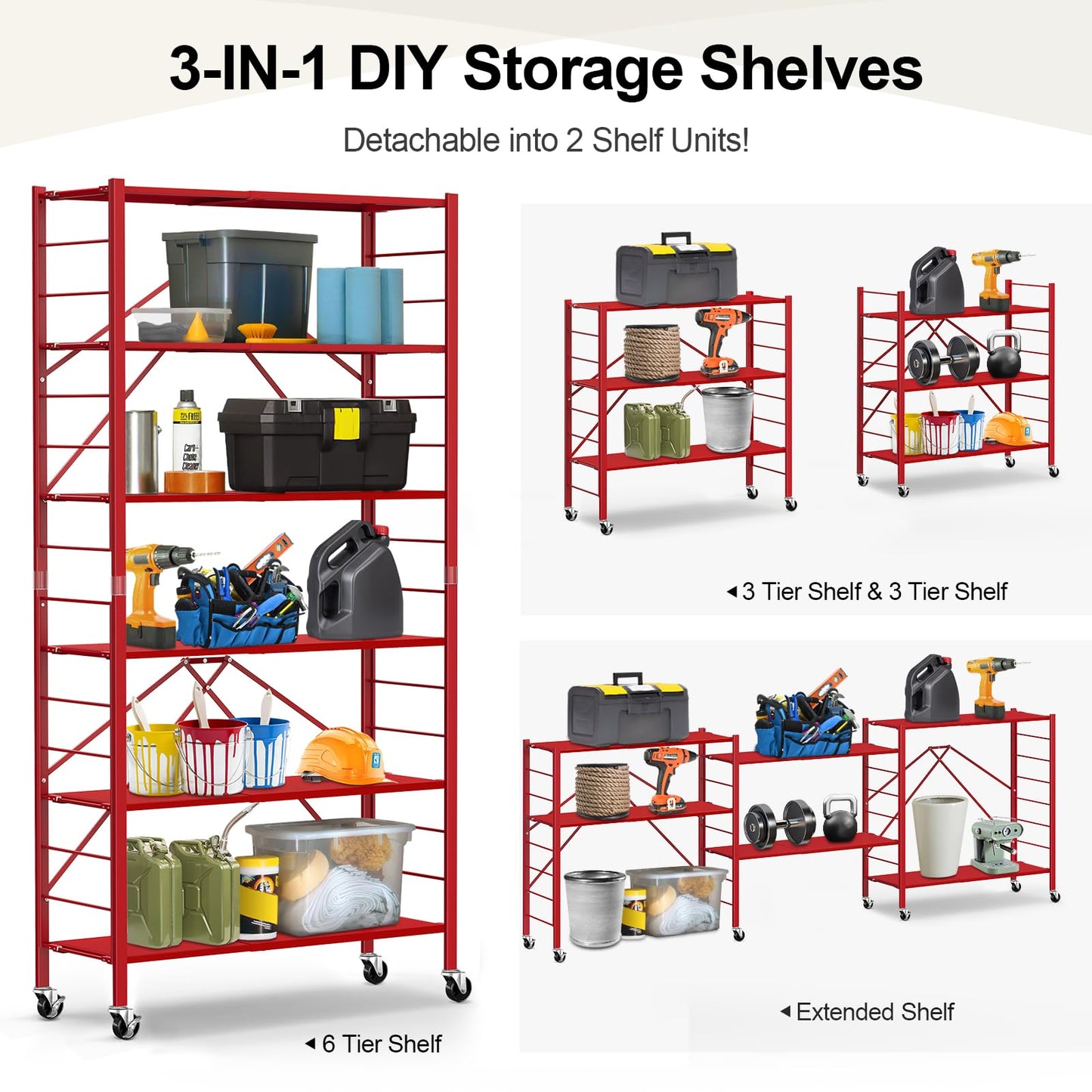 Himix 6 Tier Foldable Storage Shelves, Expandable Folding Bookshelf with Wheels, Changeable into 2 Shelf Units, Collapsible Adjustable Storage Rack Metal Shelves for Garage Kitchen, Basement, Red