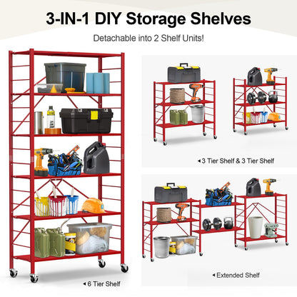 Himix 6 Tier Foldable Storage Shelves, Expandable Folding Bookshelf with Wheels, Changeable into 2 Shelf Units, Collapsible Adjustable Storage Rack Metal Shelves for Garage Kitchen, Basement, Red
