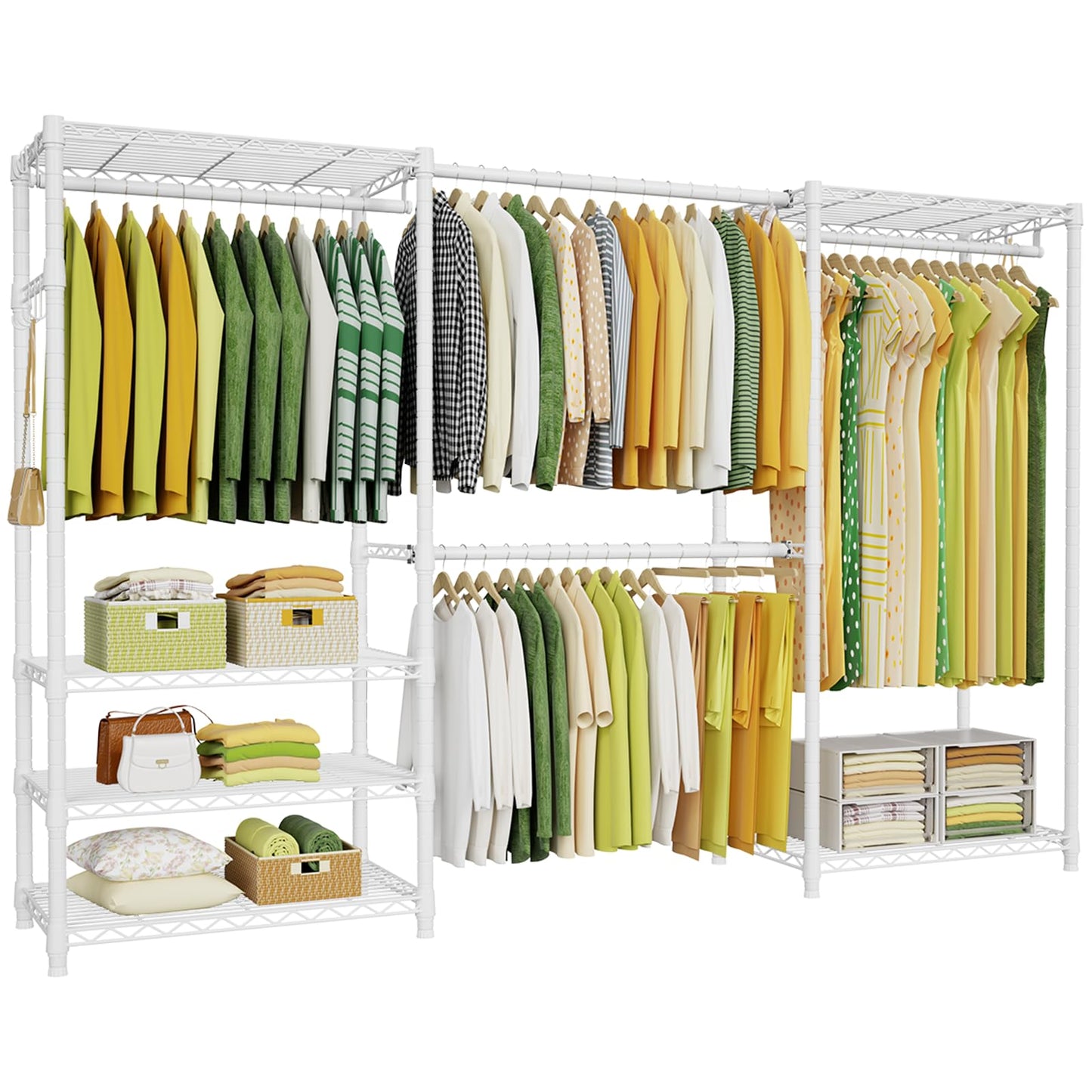 Ulif E1 Heavy Duty Closet Garment Rack, 6 Tiers Adjustable Metal Freestanding Expandable Clothing Storage with 4 Hanger Rods, Easy to Assemble Wardrobe, 71.4" H x (70" - 88.2") L x 14" D, White