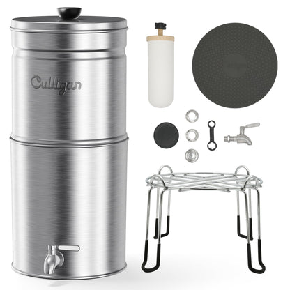 Culligan MaxClear 3 Gallon Gravity Water Filter System Removes Microplastics, PFAS & Lead, NSF/ANSI Certified, Brushed Stainless-Steel Countertop Filter with 1 Ceramic Filter