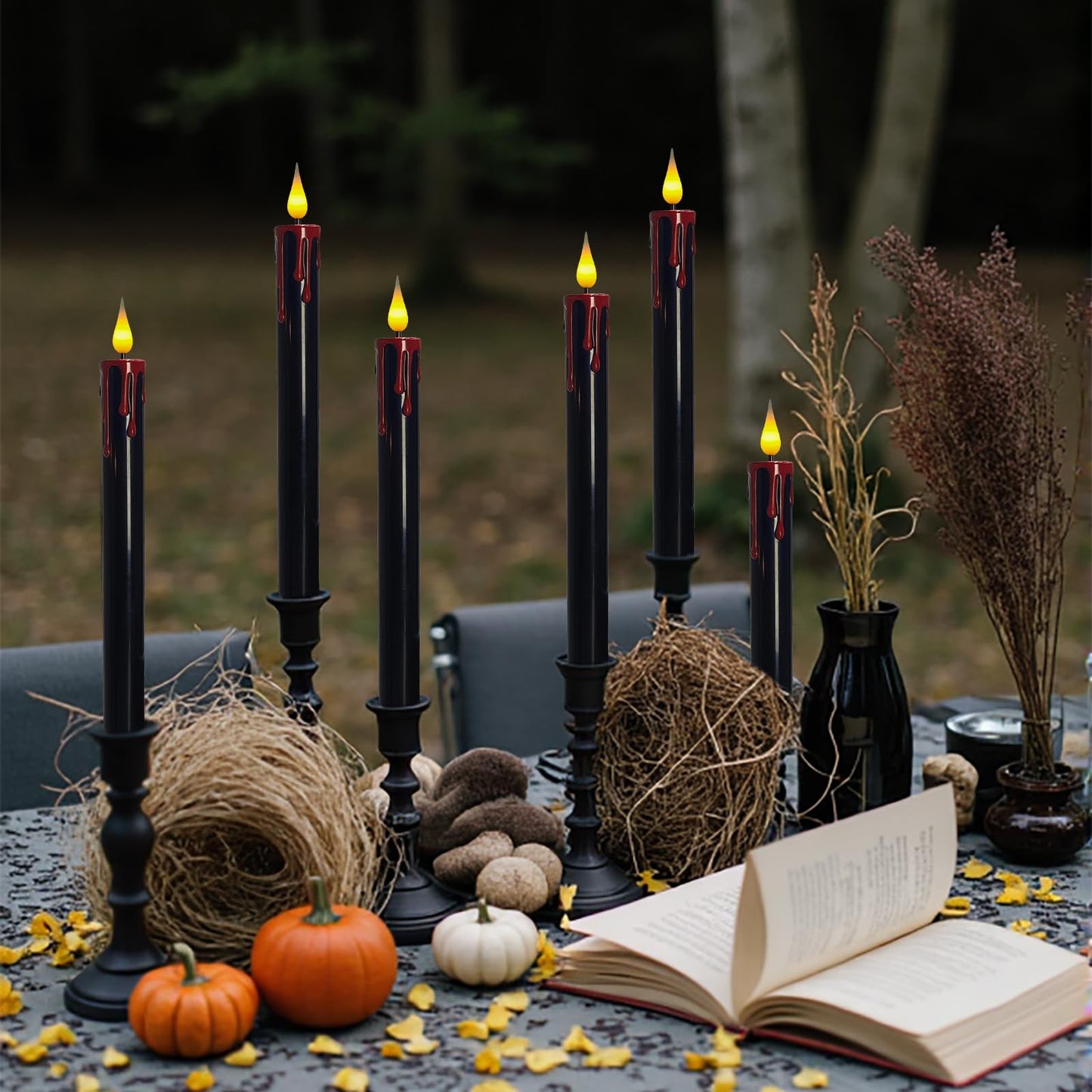 ODTRAM Flameless Taper Candles with 3D Flickering Effect Blood Dripping & 10-Key Remote，Taper Candles Battery Operated for Halloween Spooky Horror Home Decoration - Set of 6 Black(0.8" x 10")