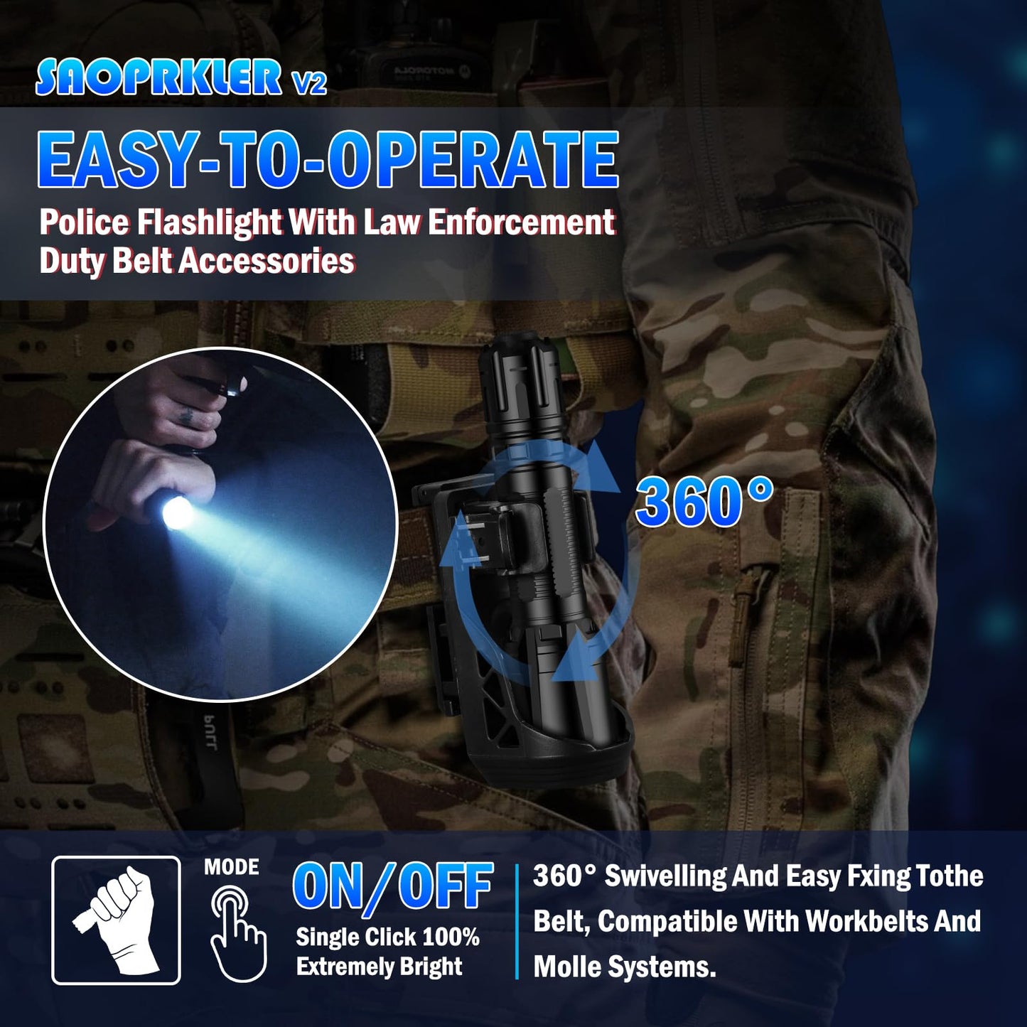 SAOPRKLER V2 Police Tactical Flashlight-2350 High Lumen Duty Belt Flashlight for Law Enforcement,Flashlight with Holster(750 Yards/2H) Military Grade Super Bright Flashlights