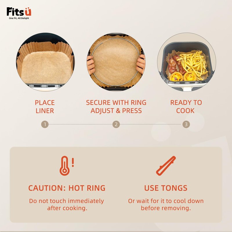 Air Fryer Liners Disposable, 8 Inch Square Parchment Paper for Air Fryer with Reusable Safety Ring, 200 Pcs Non-Stick Air Fryer Accessories