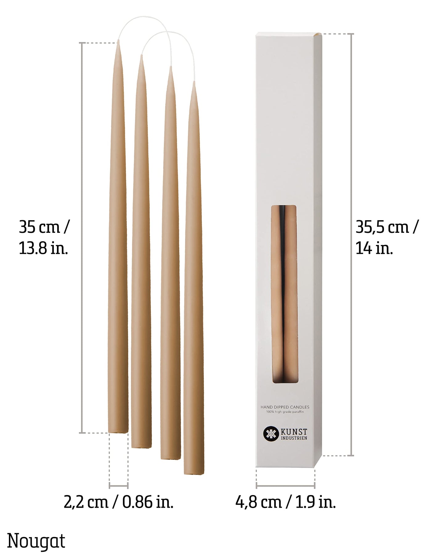 Kunstindustrien® Taper Candles – Set of 4, 13.8" – Made in Denmark, Long Burning Candles 15h, Unscented & Smokeless Candlesticks – Elegant Tall Candles for Weddings, Dinners & Home Decor (Nougat)