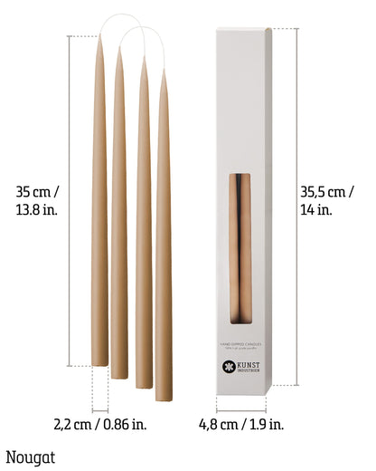 Kunstindustrien® Taper Candles – Set of 4, 13.8" – Made in Denmark, Long Burning Candles 15h, Unscented & Smokeless Candlesticks – Elegant Tall Candles for Weddings, Dinners & Home Decor (Nougat)
