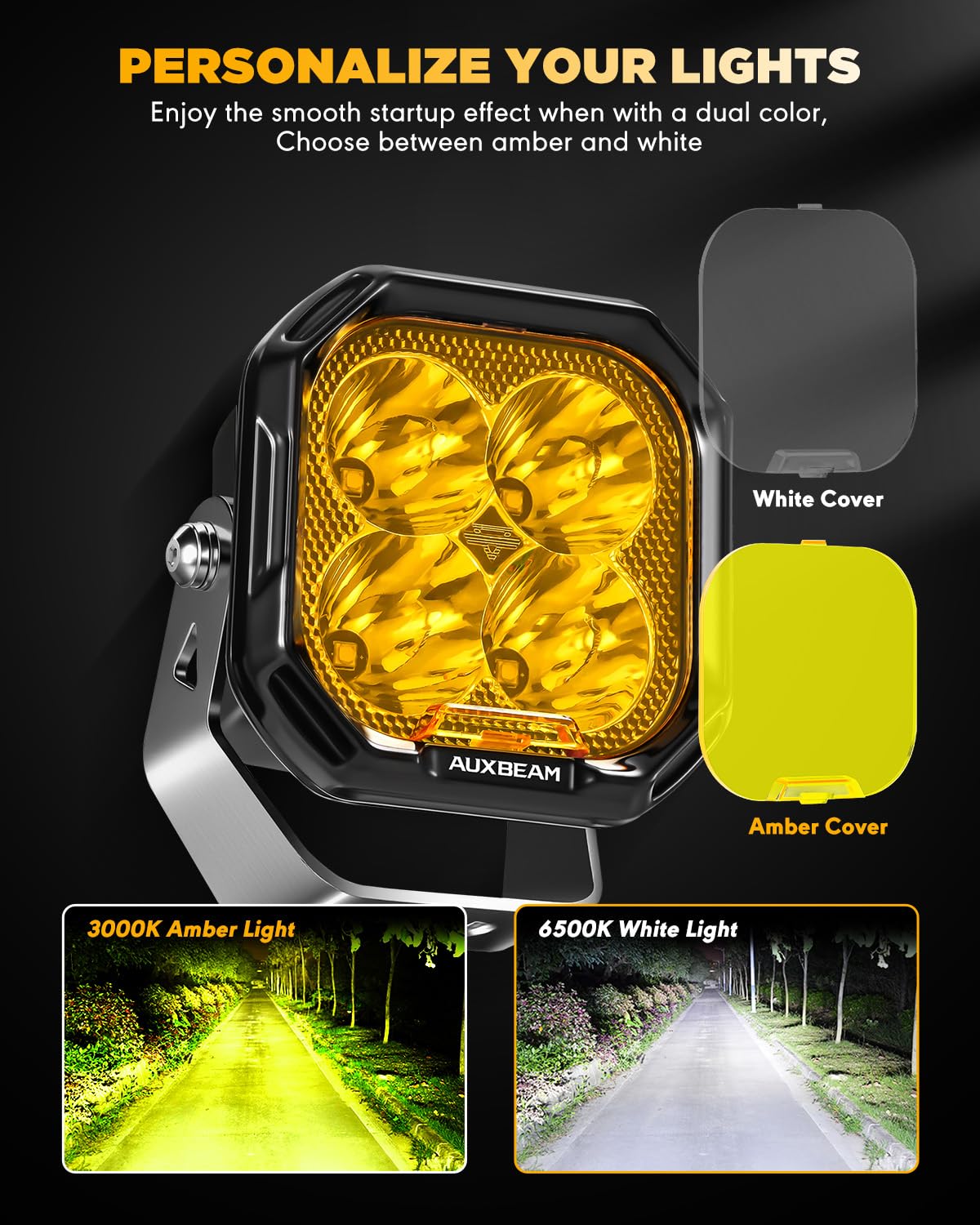 Auxbeam 3 Inch LED Pod Lights, Color Play Series Offroad Driving Light with White DRL & Amber Turn Signal, 11600LM 100W Fog Spot Light, Auxiliary Ditch Lights for Truck Jeep ATV UTV with Covers