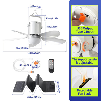 ASZEKOK Solar Ceiling Fan with Light, 21600mAh Rechargeable Battery, 23W Foldable Solar Panel, DC Brushless Quiet Fan, 3 Installation Ways, for Gazebo, Patio, Camping Tent, Garage, RV, Emergency Use