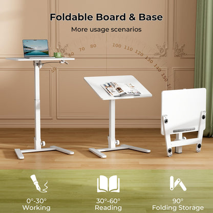 Gibbon Mounts Foldable Standing Desk，Small Mobile Sit-Stand Desk with 90 Tiltable Top，Rolling Rising Laptop Workstation Adjustable Height，Portable Table on Hidden Wheels/4 Lockable Casters，White