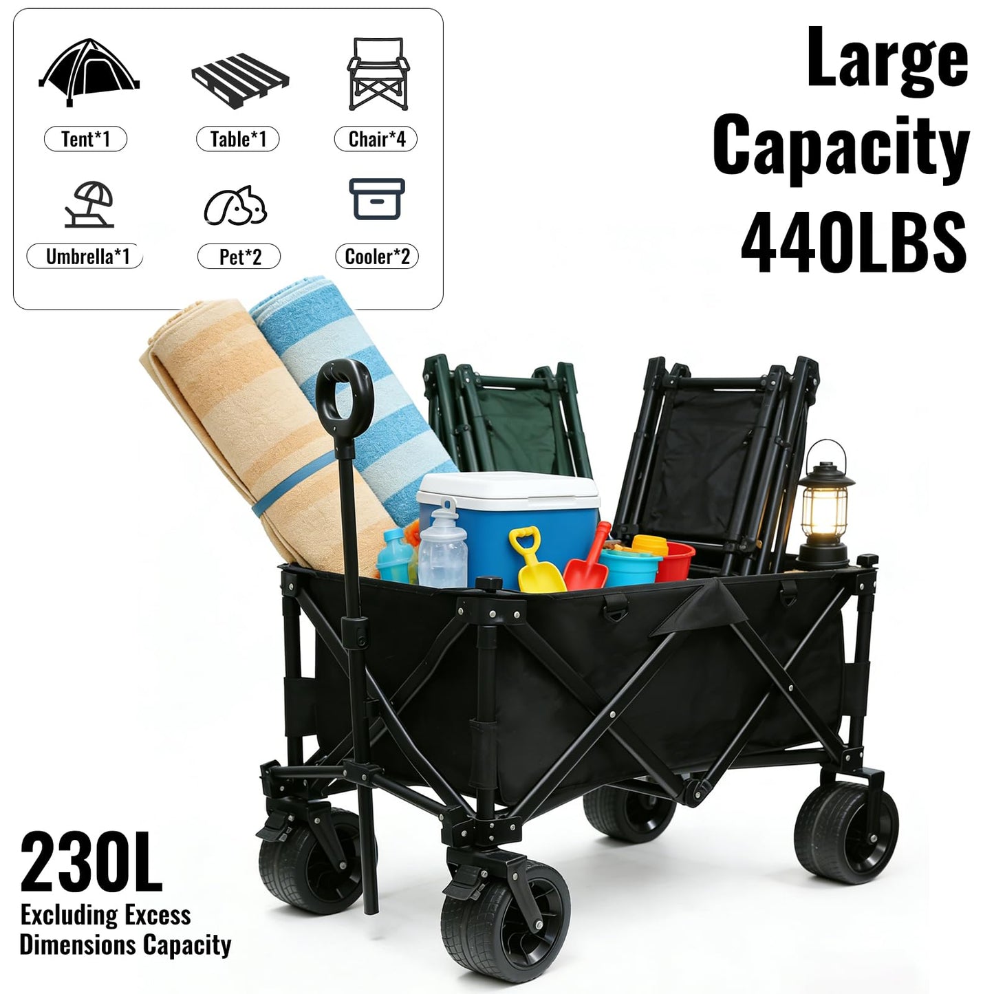 Heavy Duty Collapsible Folding Wagon with Table, 440LBS Capacity Utility Wagon Cart with All-Terrain Wheels, Foldable Beach Camping Wagon for Garden, Sports, Picnics Black